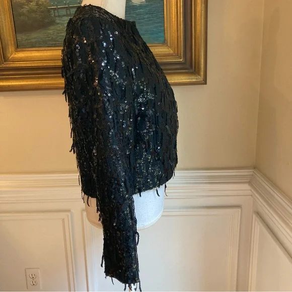 ZARA Black Tweed Fringe Sequin Blazer Jacket NWT